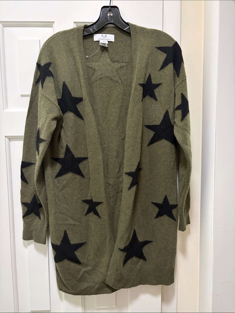 Magaschoni 100% Cashmere Open Cardigan Sweater Green Black Stars Size M